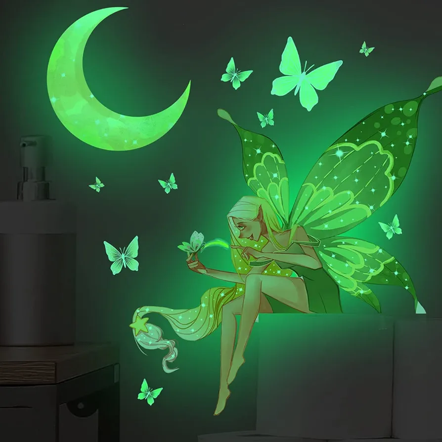 Glow in The Dark Butterfly Fairy Wall Sticker Luminous Moon Butterflys Wall Decals Cartoon Flower Fairy Princess Wall Stickers for Girls Bedroom Nursery Living Room Classroom Ceiling Decor Kids Gift