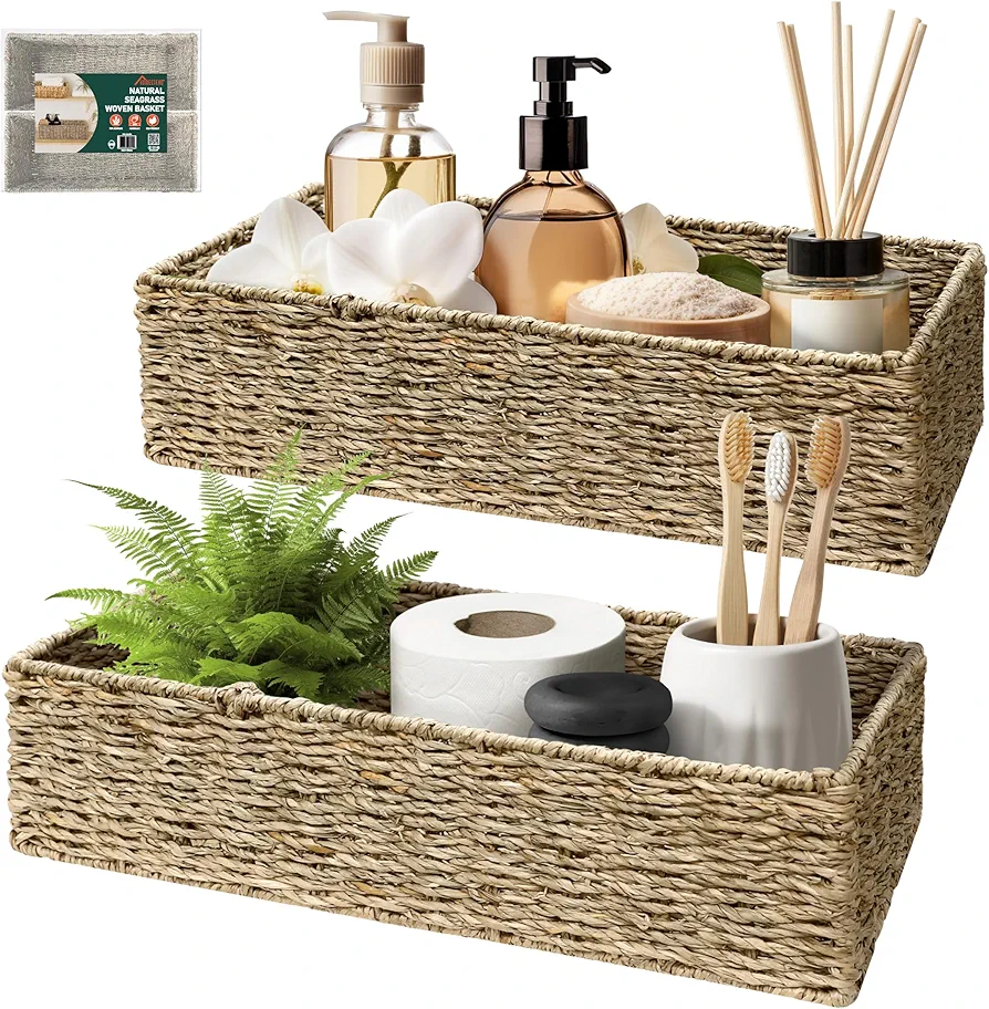 HOMESTEAD Seagrass Storage Baskets, 15.6" Long Narrow Rectangular Wicker Baskets for Bedroom, Living Room, Bathroom, Shelves - 2 Packs