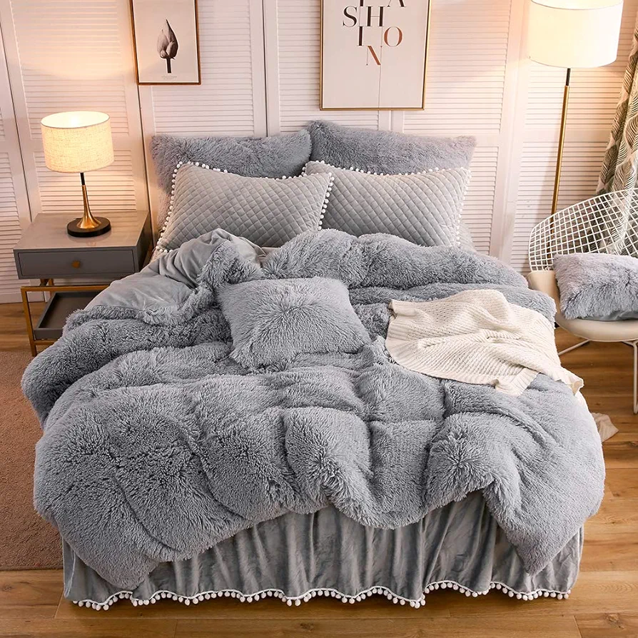 LIFEREVO Luxury Plush Shaggy Duvet Cover Set, Soft Velvet Fluffy Furry Duvet Cover Set(1 Faux Fur Fuzzy Comforter Cover + 1 Pom Poms Pillow Sham) Solid Bedding Set, Zipper Closure(Twin/Twin XL, Gray)