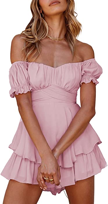 Women’s Off Shoulder Short Sleeve Rompers Criss Cross Tie Back Zipper Jumpsuit Ruffle Hem Chiffon Mini Dress