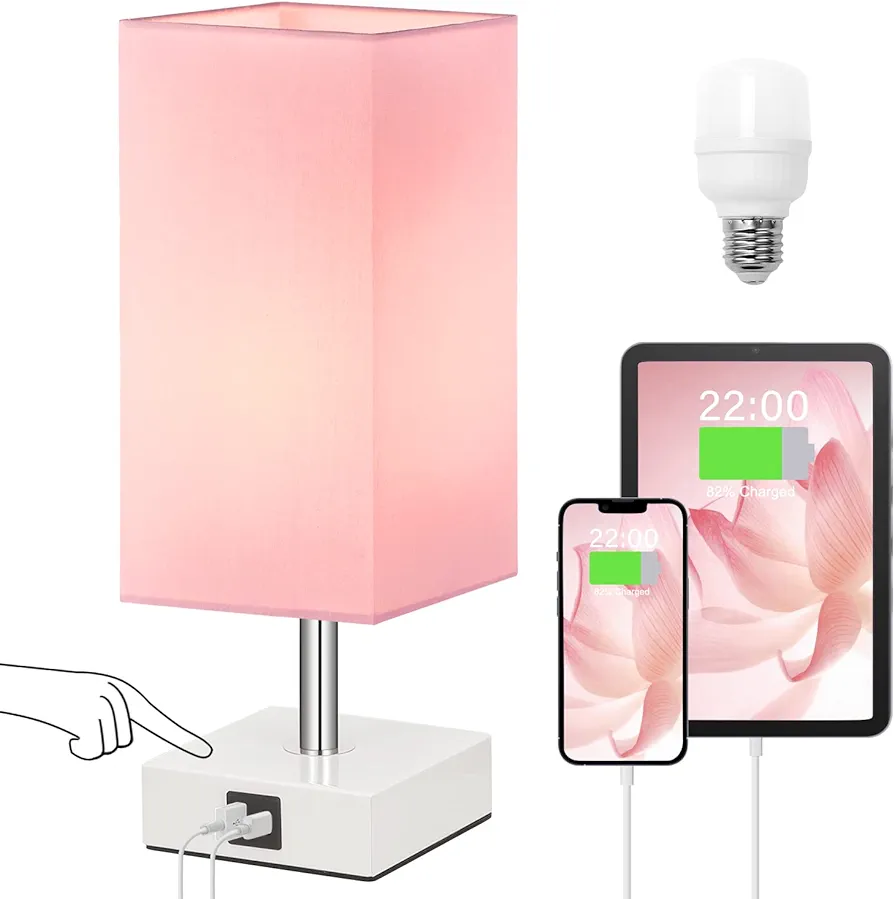 Ambimall Touch Control Table Lamp with 2 USB Charging Ports, 3 Way Touch Lamps Beside Desk, Nightstand Lamp for Bedrooms Living Room, Pink Shade with White Base, LED Bulb Included(Pink)