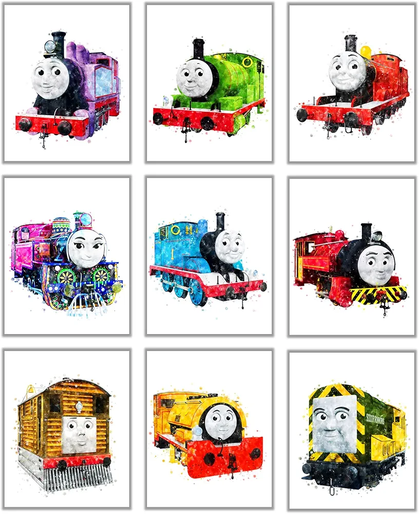 Thomas the Train Posters - Unframed Set of 9 (8 x 10 Inch)- Posters for Boys Room, Thomas and Friends the Train Decor, Train Posters, Kids Room Decor, Watercolor Wall Art Decor Prints for Boys Kids