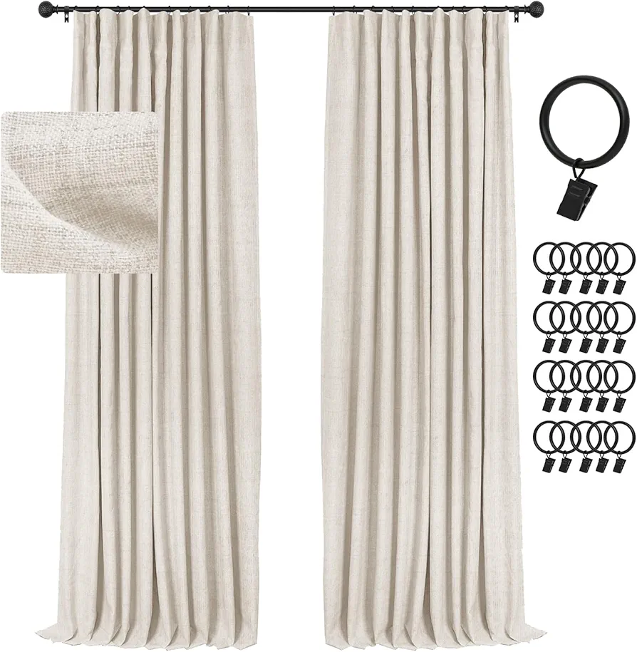 INOVADAY Cream Blackout Curtains 96 Inches Long, 100% Black Out Curtains Linen Textured Thermal Insulated for Bedroom, Nursery, Living Room + 20 Curtain Ring Clips - Cream W50”xL96”