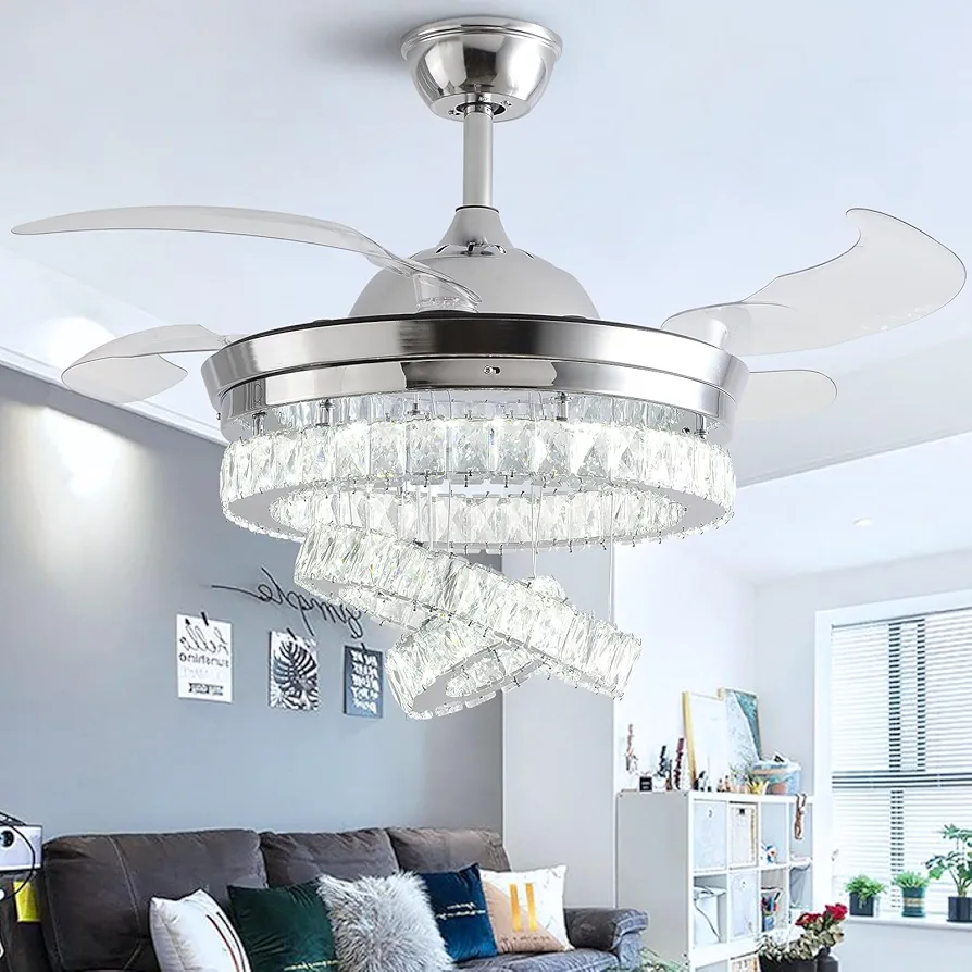 42" Crystal Ceiling Fan with Lights,Modern DIY Crystal Chandelier Ceiling Fan with Remote Control,Invisible Retractable Ceiling Fan for Living Room Bedroom Dining Room (Big Crystal, Silver)