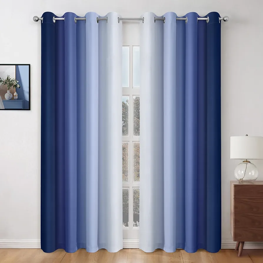 HOMEIDEAS Navy Blue Ombre Blackout Curtains, 52 X 84 Inch Length Gradient Color Room Darkening Curtains with Grommet Thermal Insulated Window Curtains & Drapes for Living Room, Bedroom, 2 Panels