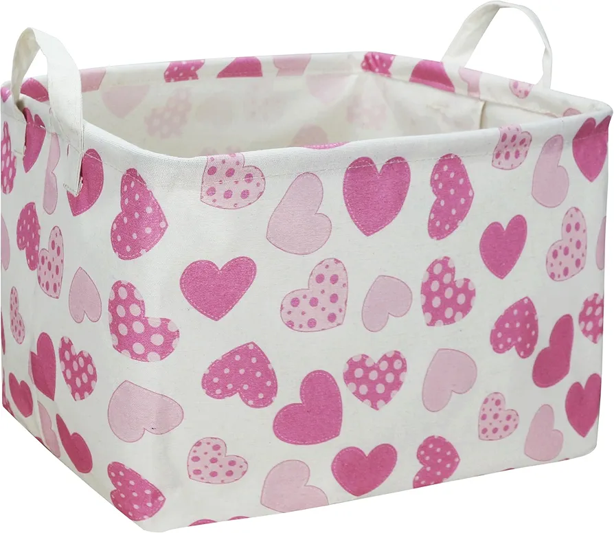 Rectangular Pink Gift Basket Empty,Fabric Storage Basket with Handles,Kids Toys/Books Box,Lovely Storage Bin,Room Decor,Gift Basket for Boys and Girls (Polka Dot Heart)