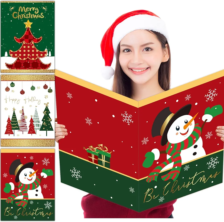 gisgfim 3 Pcs Jumbo Merry Christmas Greeting Cards Large 14 x 21 Inch Size Giant Christmas Cards with Envelopes Happy New Year Holiday Parties Red Green and Gold Gifts for Boys Girls