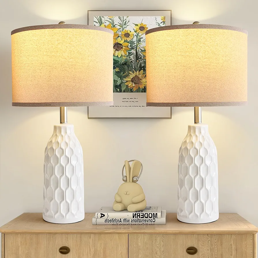 26.5" Ceramic Table Lamp Set of 2, Farmhouse Table Lamp for Living Room White Desk Decor Bedside Lamps for Bedroom Modern Nightstand Lamp End Table Lamps for Home Office