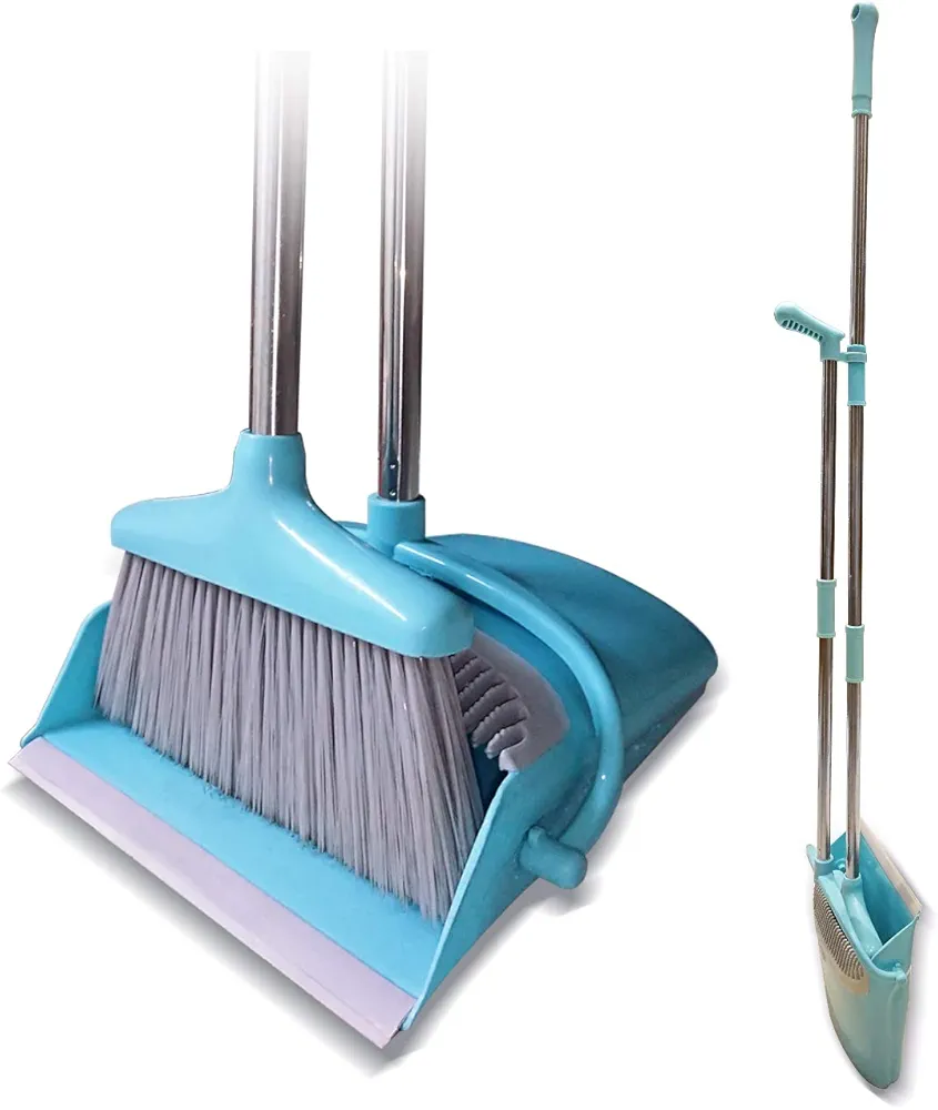 Broom and Dustpan Set Lightweight Upright Lobby Broom and Dust Pan Combo with Long Handle Outdoor Indoor for Home Kitchen Room Office (Blue)