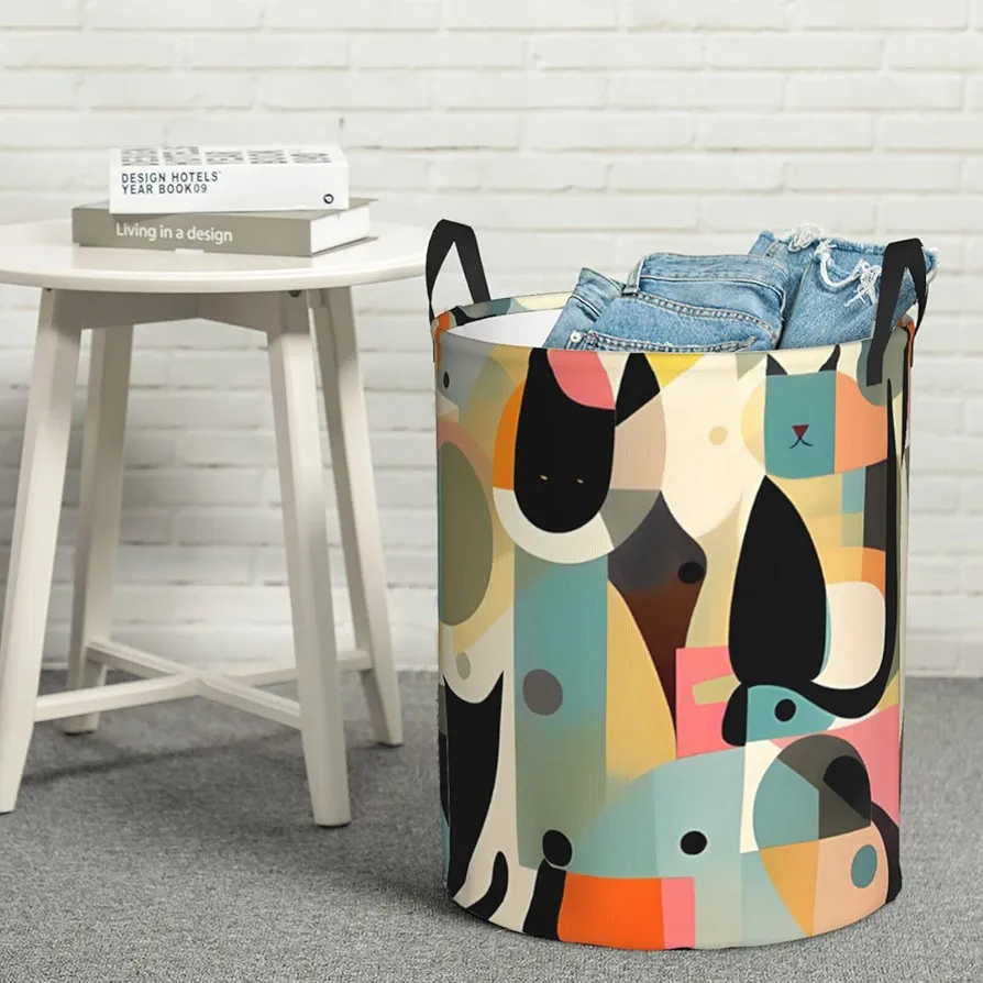 Large Laundry Basket Mid-Century Modern Art Cat Laundry Hamper Collapsible Laundry Baskets Freestanding Waterproof Laundry Bag for Bedroom Bathroom Laundry Room, Small, Black, 65HG6FD54H6