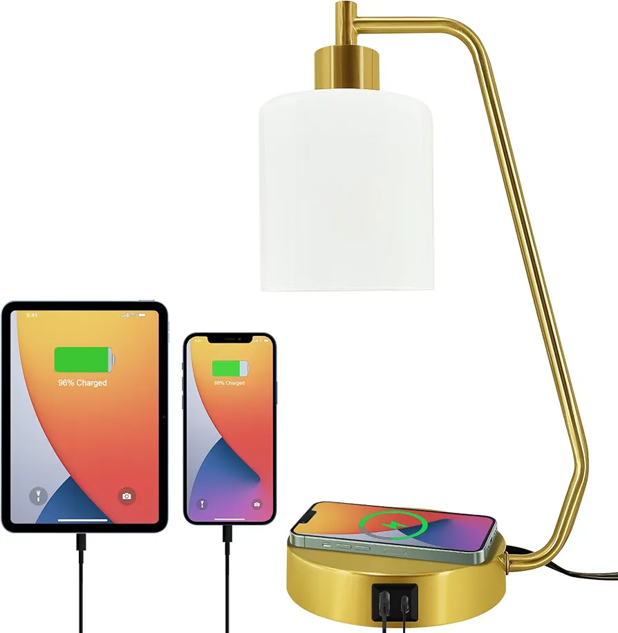 Industrial Table Lamp, Stepless Dimmable Gold Desk Lamp with 2 USB Ports and AC Power Outlet, Frosted GlassShade, Eye-Caring Bedside Nightstand Lamps for Bedroom Living Room (TL091-X)(golden)