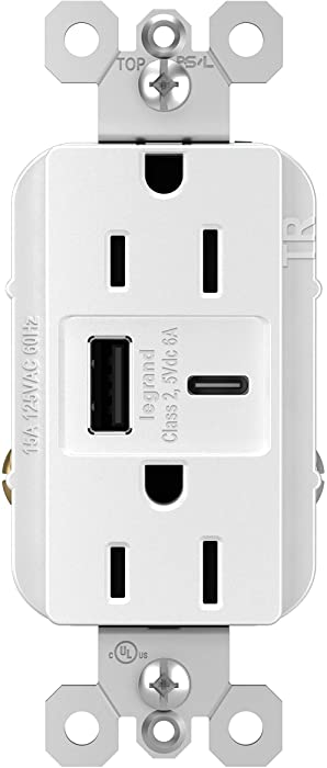 Legrand radiant 15 Amp Decorator Wall Outlet with 6.0 Amp USB Charger, Ultra Fast Charge, Multi Port, White, USB-AC, R26USBAC6W