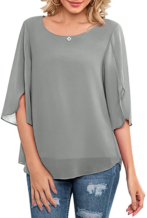 Neineiwu Womens Casual Scoop Neck Loose Top 3/4 Sleeve Chiffon Blouse Shirt Tops