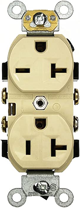 Leviton 5842-I 20 Amp, 125/250 Volt, Narrow Body Duplex Receptacle, Straight Blade, Commercial Grade, Self Grounding, Dual Voltage, Ivory