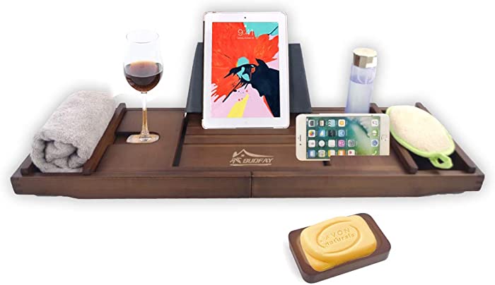 Bamboo Bathtub Caddy Tray Expandable Bath Tub Tray with Book and Wine Holder, Soap Dish, Phone Slot, Luxury Bath Table for Any Tub Bath Gift for Women (29.5-43″ x 9″, Brown)