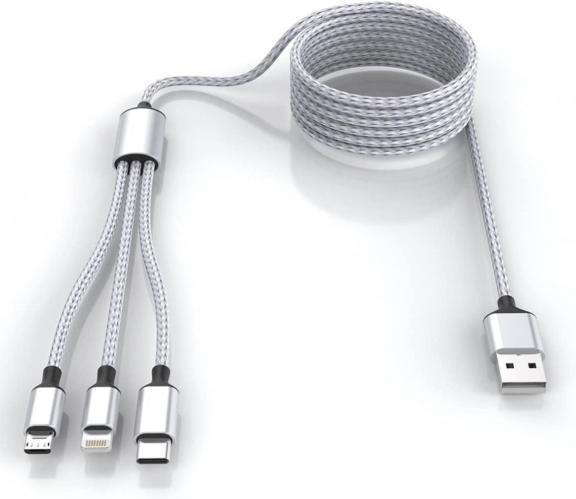 Multi 3 in 1 USB Long iPhone Charging Cable, 1.8M/5.9Ft Nylon Braided Universal Phone Charger Cord USB C/Micro USB/Lightning Connector Adapter for Android/Apple/Samsung/LG/Pixel/Huawei/XiaoMi(Gray)