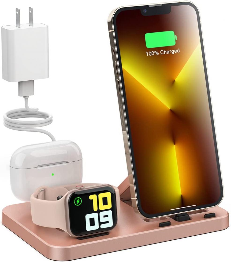 MODOCH 3 in 1 Charging Station for Apple Multiple Devices, Foldable and Portable Travel Charging Dock Compatible with iPhone Airpods Apple Watch Charger Stand with Adapter (Rose Gold)