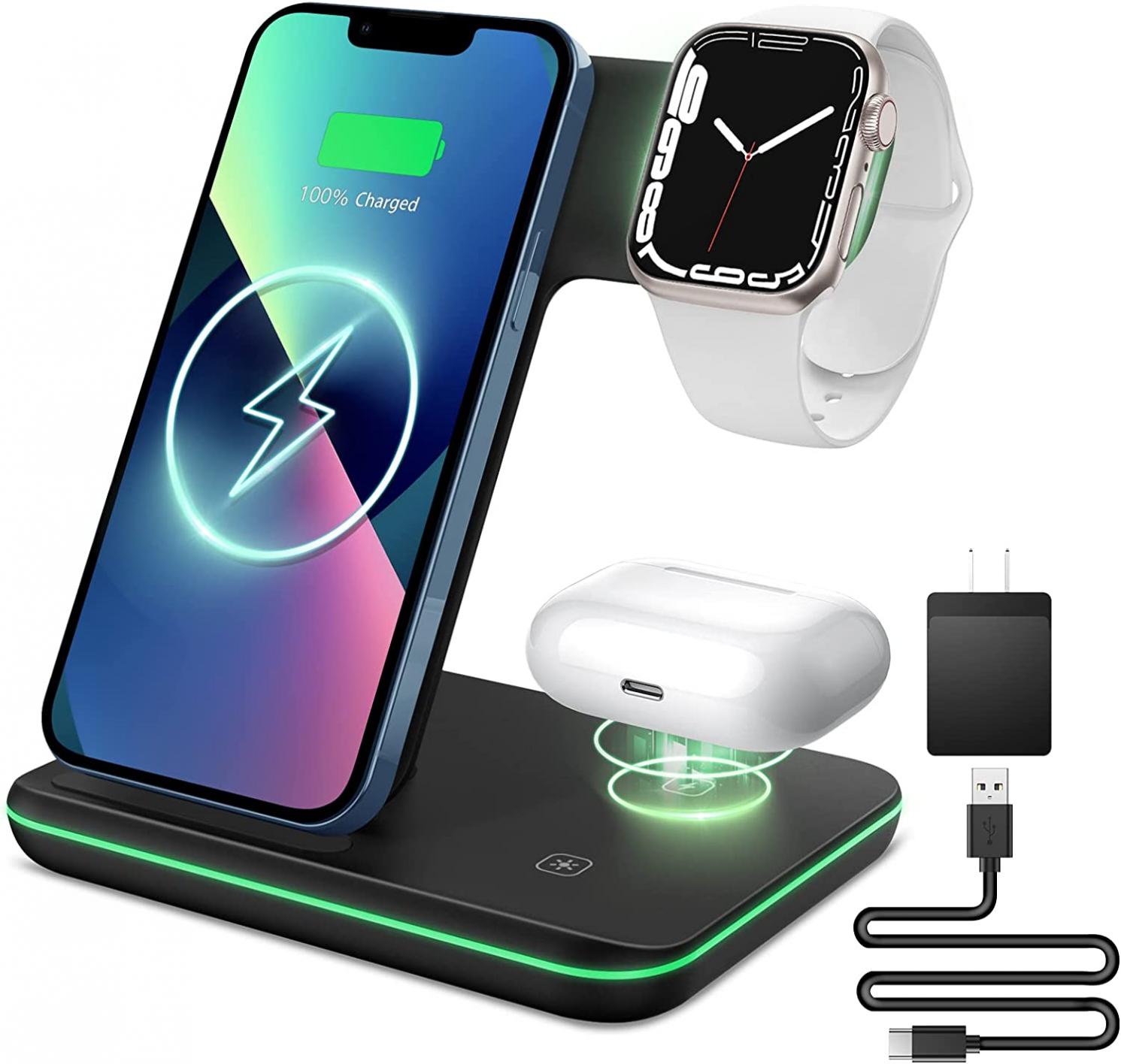 Liwin Wireless Charger, 3 in 1 Fast 15W Wireless Charging Station Compatible with Apple Watch 8 7 SE 6 5 4 3 2, iPhone 14 13 12 11 Pro/Pro Max/8/X, AirPods Pro 3 2, for Samsung S22 S21 S10 S9, Black