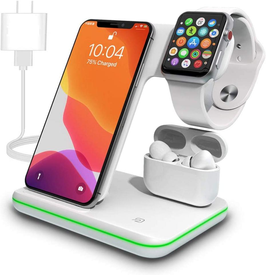 Wireless Charger, TPLISAK 3 in 1 Qi-Certified 15W Fast Charging Station for Apple iWatch 7/6/5/4/3/2/1,AirPods, Charging Stand for for iPhone 13/12/11 Series/XS MAX/XR/XS/X/8/8Plus(with QC3.0 Adapter)