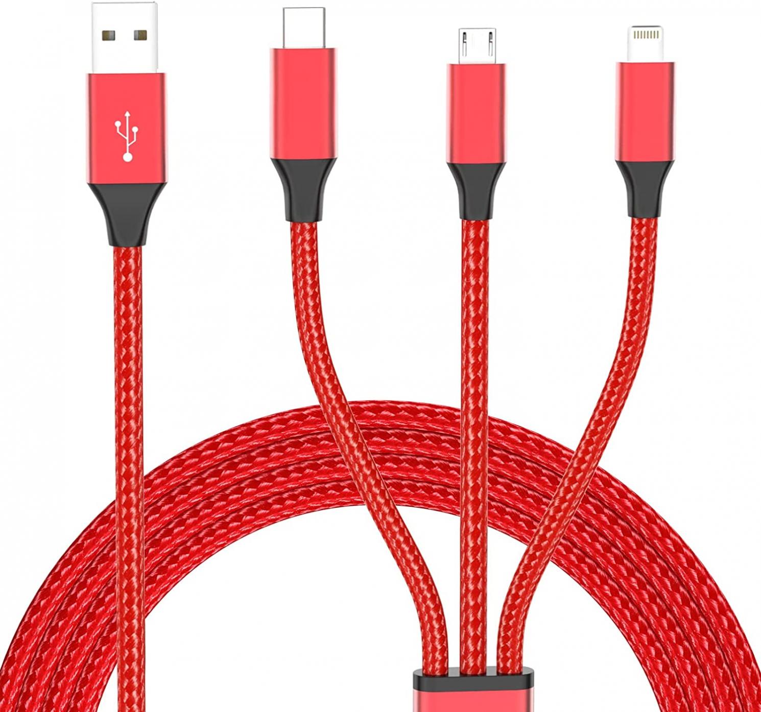 Lightning Cable, iPhone Charger Cable Nylon Braided 3 in 1 Charging Cable Multi USB Cable Fast Charging Cord with Type-C, Micro USB and IP Port, Compatible with Most iPhones & iPads (2 Pack)