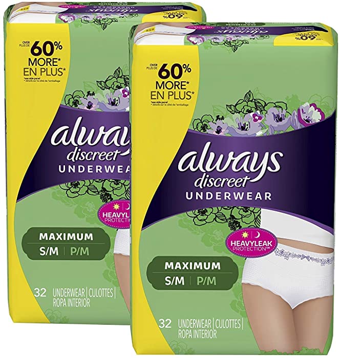 Always Discreet Incontinence & Postpartum Incontinence Underwear for Women, Small/Medium, Maximum Protection, Disposable, 32 count (Pack of 2) (Packaging may vary)