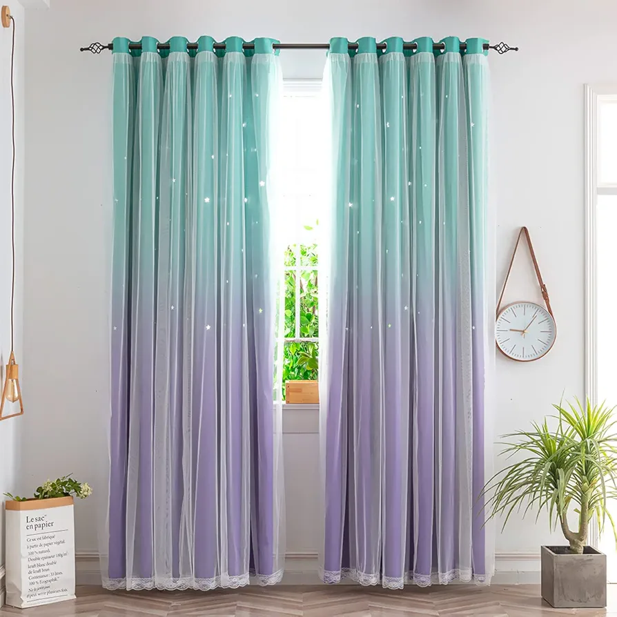 Yancorp Kids Curtains for Girls Bedroom Princess Curtains for Daughter Room 84 Inches Long Star Curtains with Tieback & 3 Bowties(Purple Teal,W52*L84),1 Panel