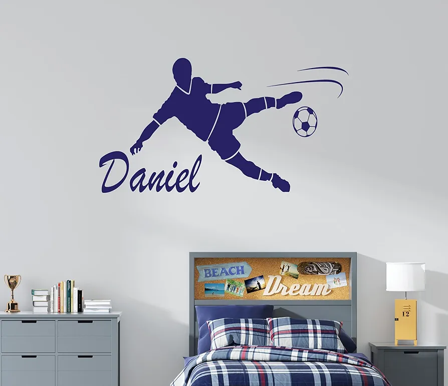 Custom Name Soccer player wall decal - Soccer Wall Sticker - Wall Decal for Home Nursery Decoration (Wide 20"x9" Height Inches)