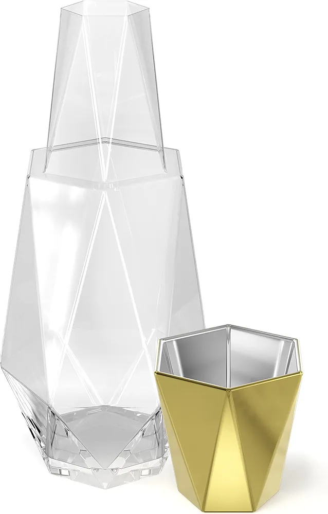 American Atelier Fifth Avenue Crystal Modern Geometric Bedside Water Carafe with Tumbler Elegant Pitcher and Matching Drinking Glass Doubles As Lid for Guest Room, Office (Gold)