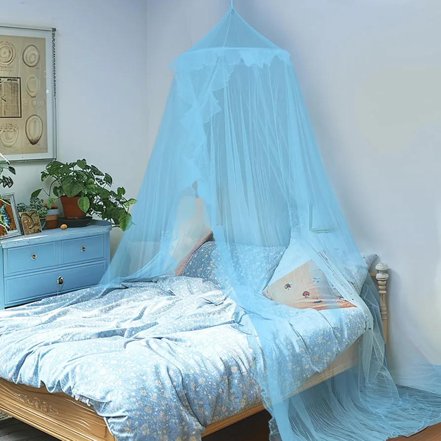 Daksha Princess Bed Canopy for Girls Room, Top and Door Trim with Lace Edges, Bed Canopy with Ruffles Fits Single, Twin, Full, and Queen Beds, Bedroom Decoration (Blue)