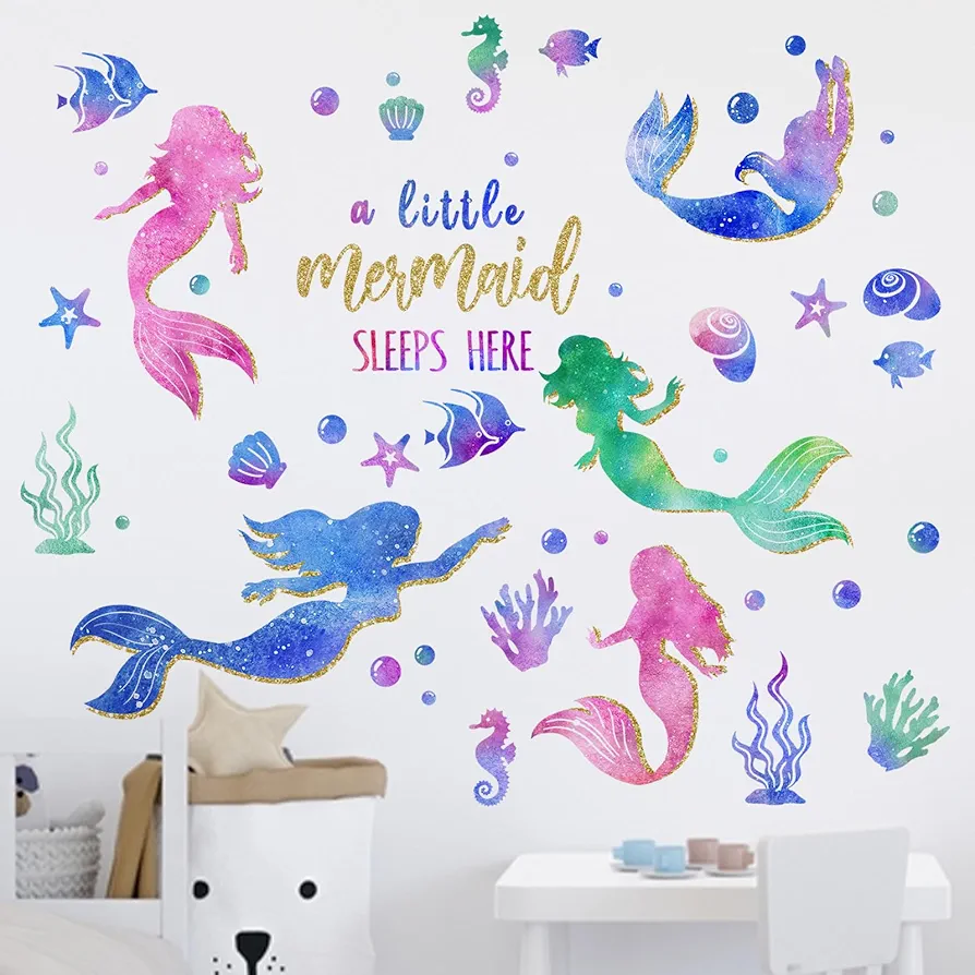 Yovkky Baby Girls Mermaid Wall Decals Stickers, Under The Sea Ocean Creatures Coastal Fish Bubble Glitter Nursery Kids Room Crib Decor, A Little Mermaid Sleeps Here Beach Home Decorations Bedroom Art