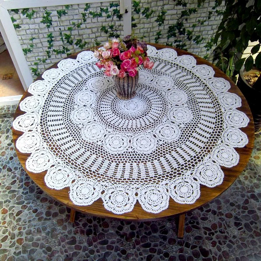 White Cotton Handmade Crochet Lace Tablecloth Doilies Table Overlay,Round,35 Inch