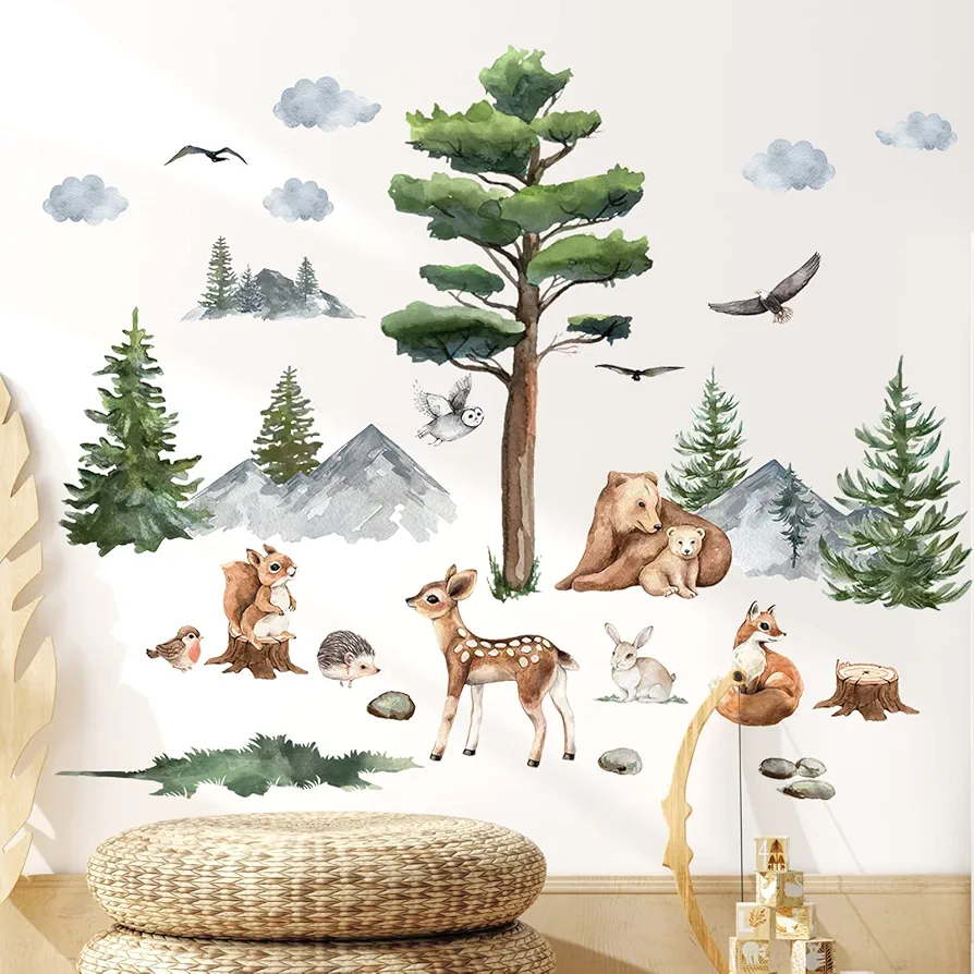 Jungle Animals Wall Decals Cartoon Animals Wall Stickers Watercolor Tree Animal Wall Stickers, Nursery Wall Decor Woodland Wall Decals Bear Forest Animal Wall Decal for Bedroom Playroom Decor