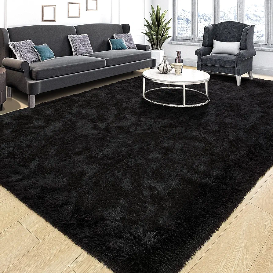 Tepook Super Soft Fluffy Rug for Bedroom, Modern Shaggy Rug Fuzzy Kids Rug for Living Room, Plush Indoor Nursery Home Decor Rug with Non-Slip Bottom, Black, 4 X 6 Feet