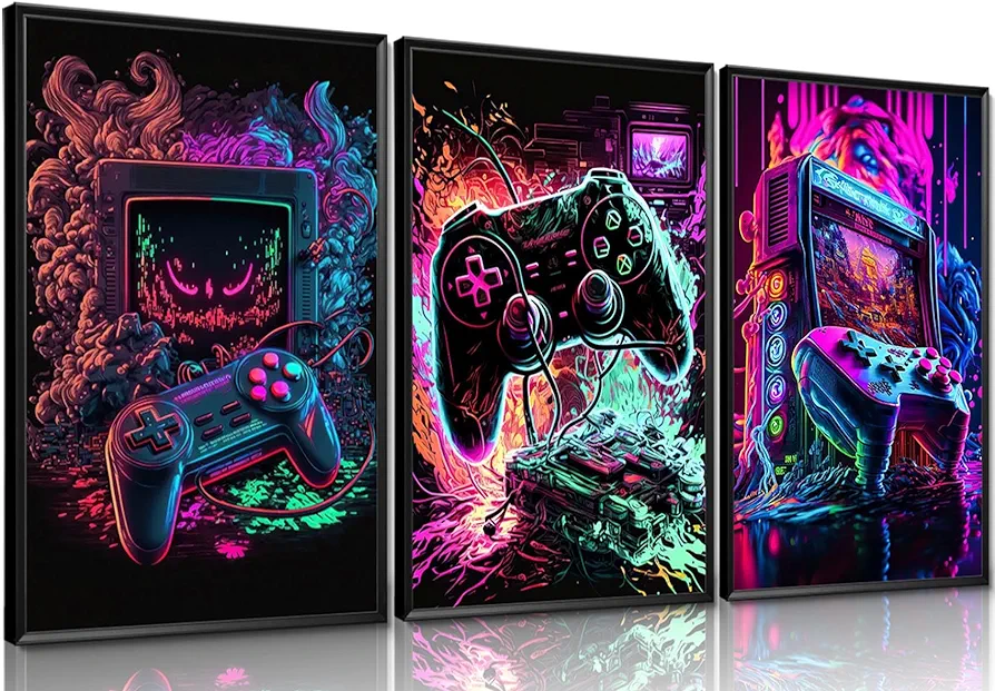 MUWAK Stylish Gaming Room Decor Wall Art Set of 3, Graffiti Video Game Console Gamepad Theme Wall Decor, Gaming Canvas Painting Prints for Teen Boys Room Home Decor 12x16in Unframed