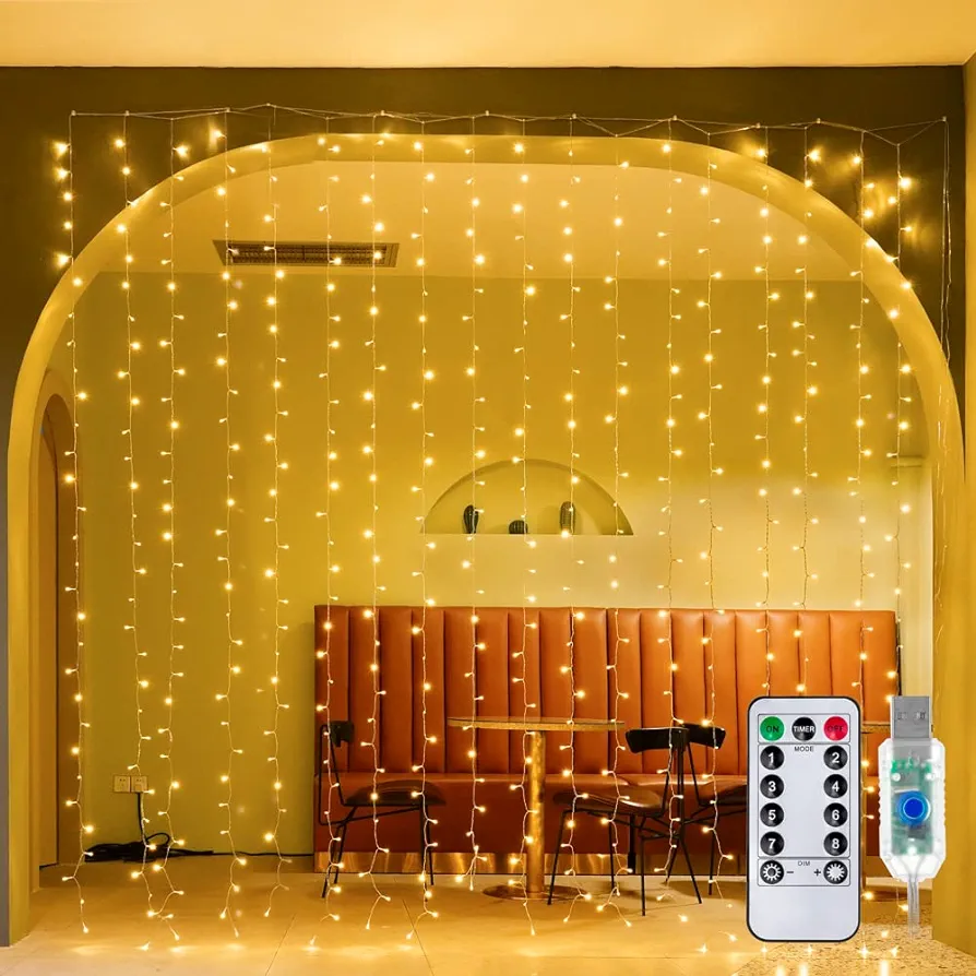 Ollny Curtain Lights Indoor 300LED 9.8ftx9.8ft, Outdoor Waterproof Curtain String Lights with Remote Timer 8 Modes, USB Powered Waterfall Window Lights for Wall Backdrop Home Decorations(Warm White)