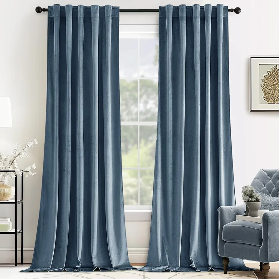 MIULEE Velvet Curtains 96 inches - Luxury Blackout Curtains for Bedroom Living Room Thermal Insulated Super Soft Window Drapes Rod Pocket & Back Tab, Stone Blue, W52 x L96 inches, 2 Panels