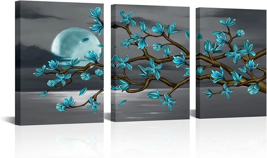 Visual Art Decor Turquoise Flowers Wall Art Teal Magnolia Full Moon Sea Seascape Canvas Prints, Framed Art, Turquoise Bedroom Living Room Home Office Decoration 3 Pieces