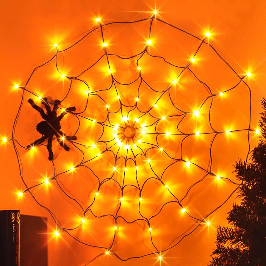 EAMBRITE Halloween Spider Web Lights with 70LED Orange Lights, Waterproof Light up Cobweb with Black Spider, Halloween Decorations for House Yard Window Garden Indoor and Outdoor