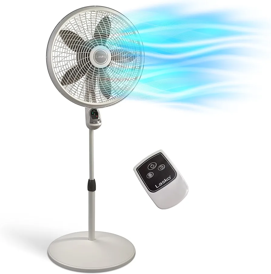 Lasko Cyclone Pedestal Fan, Adjustable Height, Remote Control, Timer, 3 Speeds, for Bedroom, Kitchen, Office and Living Room, 18", White, 1885, Large