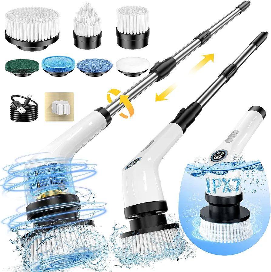 Electric Spin Scrubber, Full-Body IPX7 Waterproof Cordless Power Cleaning Brush with Adjustable Extension Handle, 2-Speed Shower Scrubber with 7 Replaceable Brush Heads for Bathroom, Kitchen Cleaning