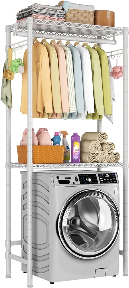 Over Washer and Dryer Shelves,2 Tier Adjustable Height Wire Shelving Laundry Room Storage Organization Clothes Drying Rack with Hanger Rod&Hooks,Space Saving Organizers Shelf,White