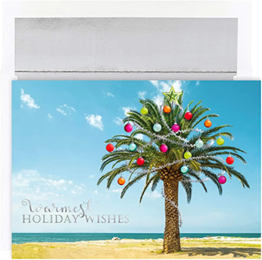 Masterpiece Studios Warmest Wishes 16-Count Boxed Christmas Cards with Foil-Lined Envelopes, 7.8" x 5.6", Decorated Palm Tree (919700)