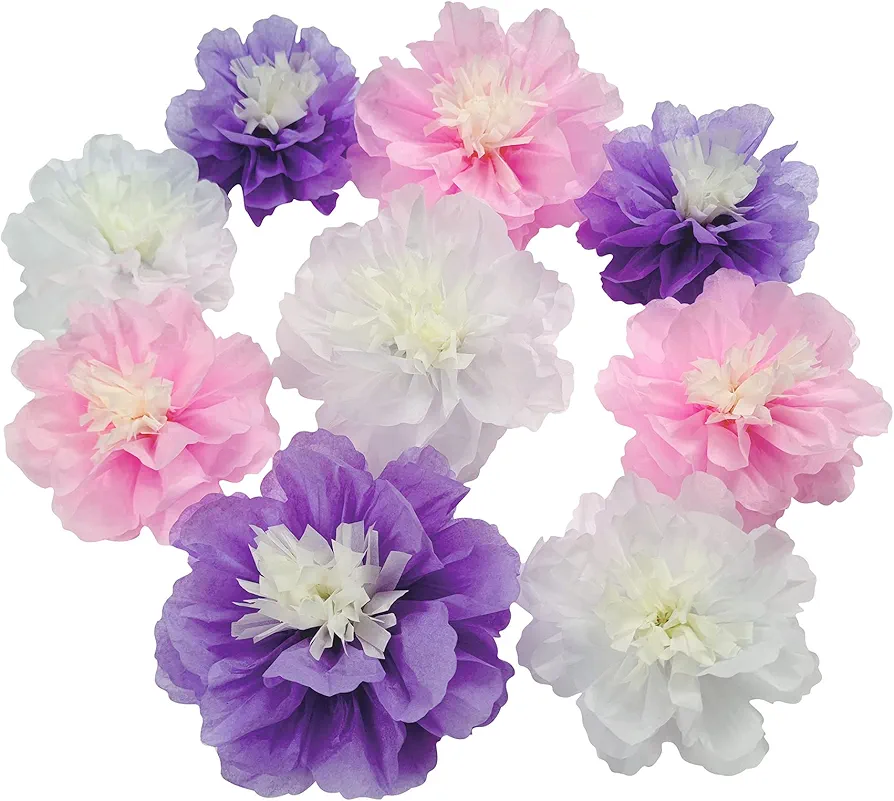 Mybbshower 10"-6" Pink Purple Paper Flower Decorations for Women Girls Birthday Party Supplies Neutral Girl Baby ShowerBaby Girl Room Nursery Decoration Pack of 9