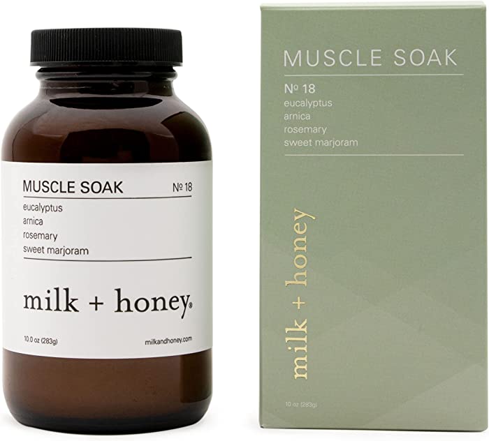 milk + honey Muscle and Bath Soak No. 18, with Eucalyptus, Arnica, Rosemary and Sweet Marjoram, Moisturizing Bath Soak, Sea Salt and Epsom Salt Bath, 10 oz