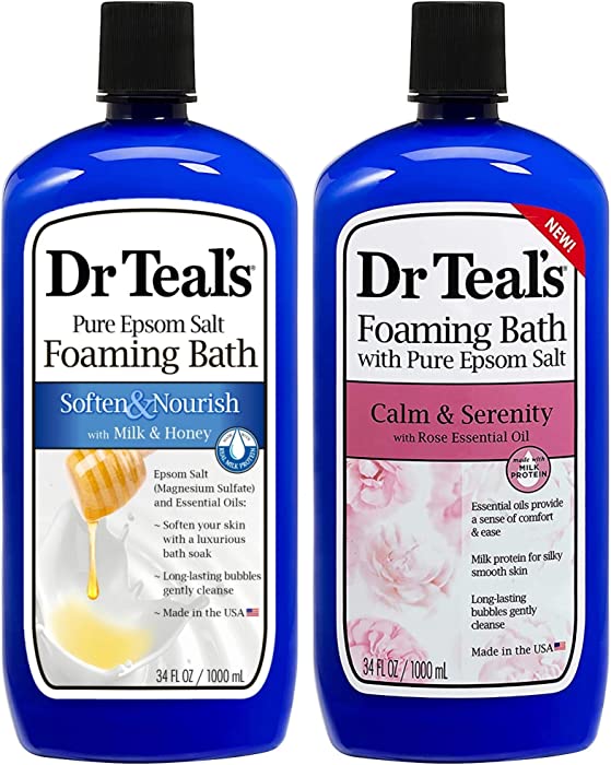 Dr Teal's Foaming Bath Combo Pack (68 fl oz Total), Soften & Nourish with Milk & Honey, and Calm & Serenity with Rose & Milk. Treat Your Skin, Your Senses, and Your Stress.