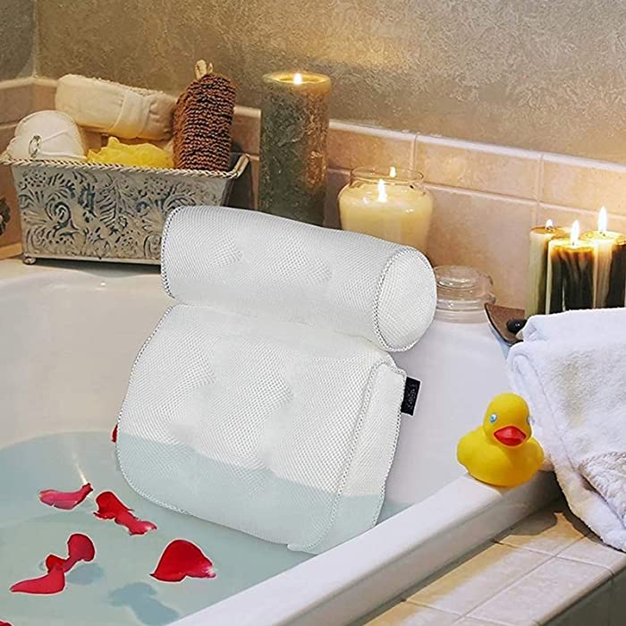 Deepened our The Cicc Bathtub Pillow Back Neck Support Pillow, Spa Cushion & Bathtub Ergonomic for Tub, 3D Mesh Portable Washable Bathtub Soft with 4 Strong Grip Suction Cups Soaking (White)