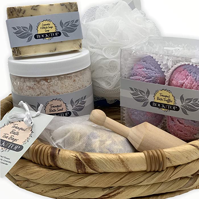 Rock the Top Anxiety Relief Items in a Spa Gift Baskets for Women. 6 Self Care Gifts, Mineral-Rich Bath Soak, Soap, Bomb Truffles, & Tea. Basket That Will Leave her Skin SO Soft., Piece Set