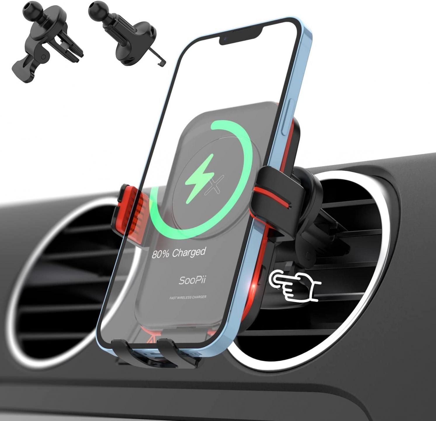 SooPii Wireless Car Charger Mount, 15W Qi Fast Charging, Auto-Clamping,2 Styles Air Vent Phone Holder Included, Compatible with iPhone 14/13/12/11,Samsung S21/S20 and Others (Adapter Not Included)