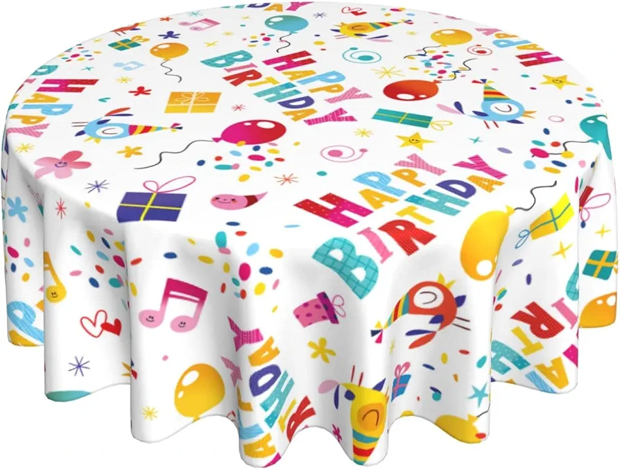 Happy Birthday Tablecloth Round Table Cloth Washable Rustic Table Cover for Decoration Kitchen Dining Room 60x90 Inch