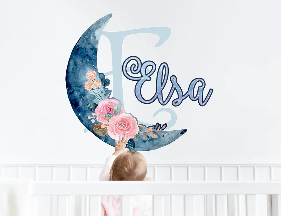 Aesthetic Room Decor - Customizable Moon and Flowers Name Wall Decal, Perfect for Baby Girl Bedroom Decor - Pink Stickers for Wall Art and Bedroom Decorations